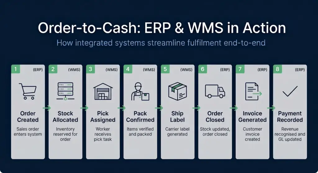 Flow diagram showing order-to-cash process spanning erp and wms systems with steps for order creation, inventory allocation, picking, packing, shipment, and invoicing across both platforms